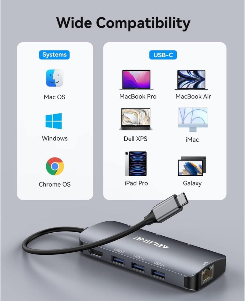 ABLEWE USB C Hub Ethernet, Multiport USB C to HDMI Hub, 8 in 1 4K@60Hz USBC Adapter,1000Mbps, 100W PD, 3 USB 3.0 Ports, Docking Station Compatible for MacBook, Tablet, Phone, Type C Devices - Image 2